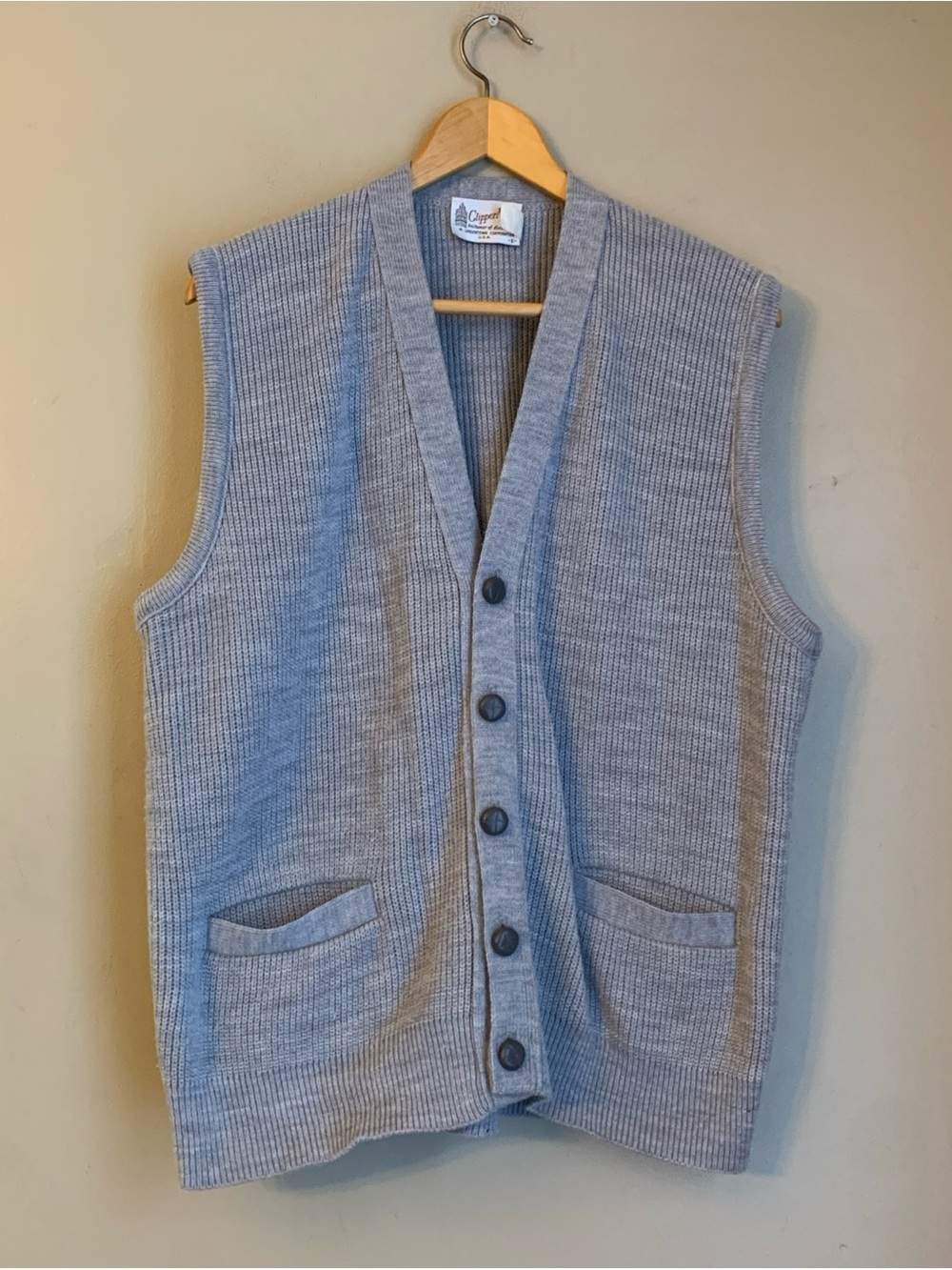 Vtg Clipper Mist Sweater Vest Button Up Pockets Grandpa Grunge 90s Preppy USA L